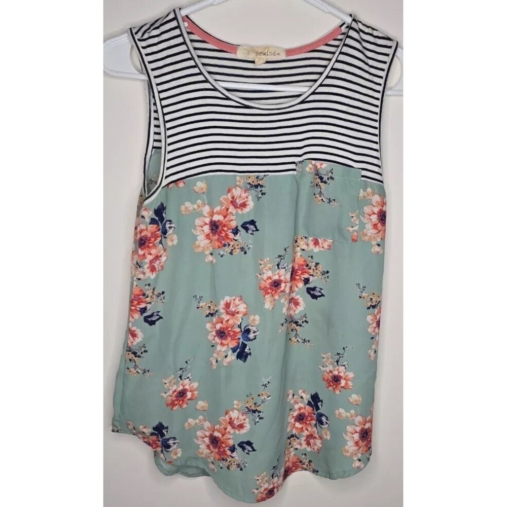 Rewind Sleeveless Blouse Womens Scoop Neck Floral Stripe ColorBlock Pocket Small